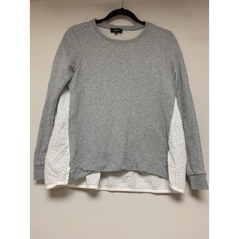 ME+EM Sweatshirt Top Womens 8 Grey White Excellent Eyelet Lace Mixed Media 10057